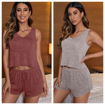 Set din top tricotat cu patchwork și șorturi, fără mâneci, decolteu în V, amestec poliester-spandex