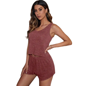 Set din top tricotat cu patchwork și șorturi, fără mâneci, decolteu în V, amestec poliester-spandex