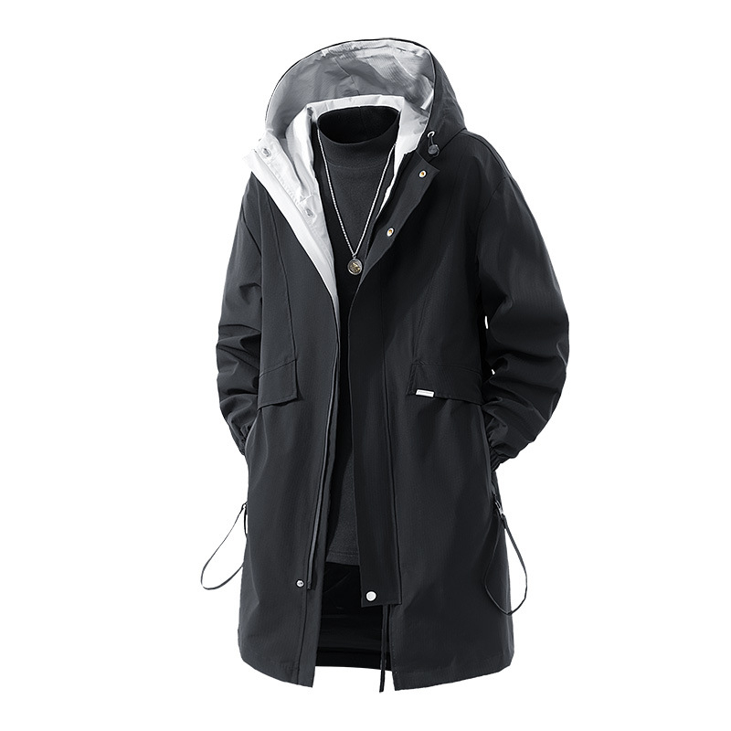 Vyrų vidutinio ilgio vilnonė striukė su gobtuvu, fleece pamušalas, užtrauktukas priekyje, laisvas kirpimas, keli kišenės (vidutinio ilgio, gobtuvu, fleece pamušalas, užtrauktukas)