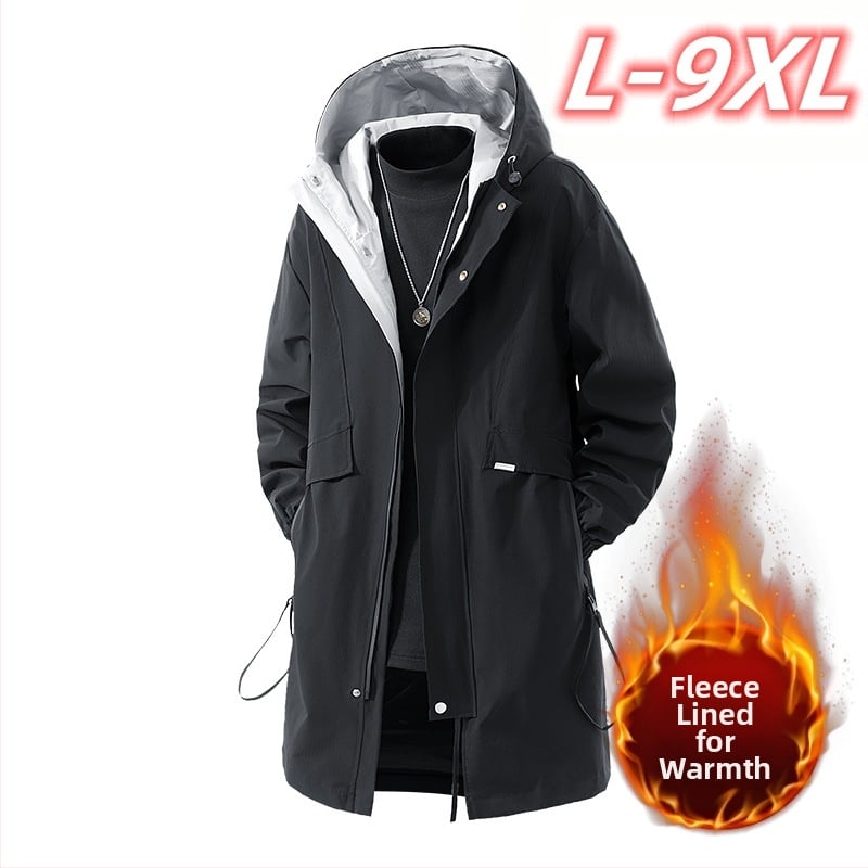 Vyrų vidutinio ilgio vilnonė striukė su gobtuvu, fleece pamušalas, užtrauktukas priekyje, laisvas kirpimas, keli kišenės (vidutinio ilgio, gobtuvu, fleece pamušalas, užtrauktukas)