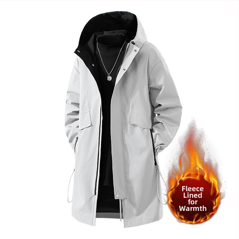 Vyrų vidutinio ilgio vilnonė striukė su gobtuvu, fleece pamušalas, užtrauktukas priekyje, laisvas kirpimas, keli kišenės (vidutinio ilgio, gobtuvu, fleece pamušalas, užtrauktukas)