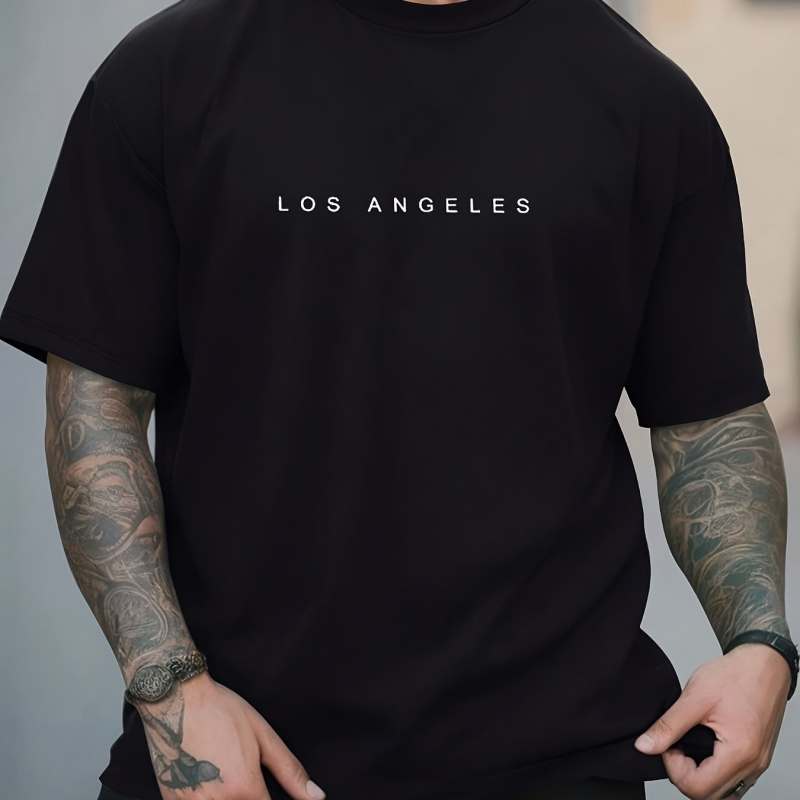 Vyrų Los Andželo grafikos marškinėliai – medvilnė (≥96%), apvalus kaklas, trumpomis rankovėmis, laisvas kirpimas