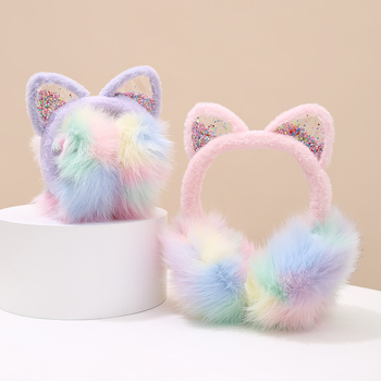 Gyerekeknek való plüss fülvédő macskafarokkal, flitterekkel, összecsukható, meleg téli használatra, kültéren