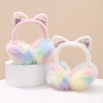 Gyerekeknek való plüss fülvédő macskafarokkal, flitterekkel, összecsukható, meleg téli használatra, kültéren