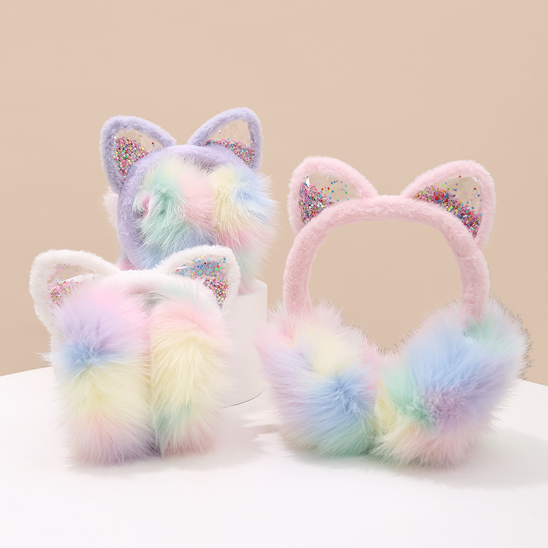 Gyerekeknek való plüss fülvédő macskafarokkal, flitterekkel, összecsukható, meleg téli használatra, kültéren