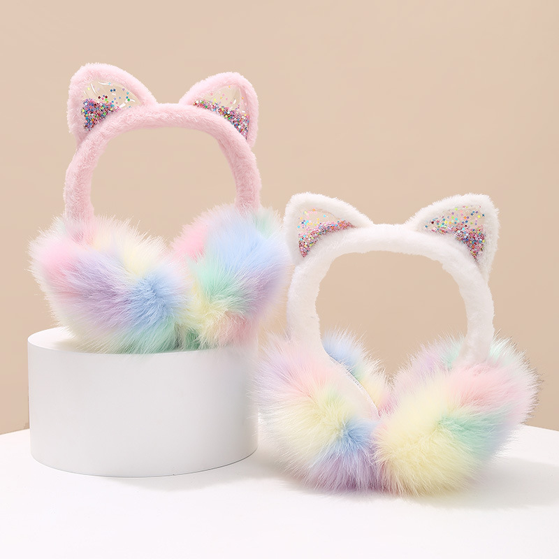 Gyerekeknek való plüss fülvédő macskafarokkal, flitterekkel, összecsukható, meleg téli használatra, kültéren