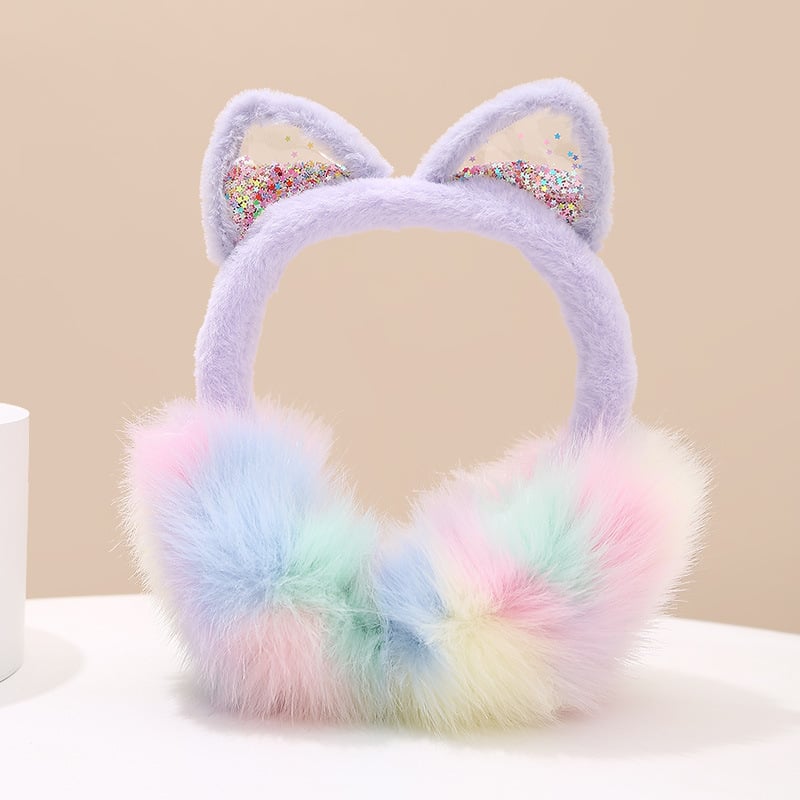 Gyerekeknek való plüss fülvédő macskafarokkal, flitterekkel, összecsukható, meleg téli használatra, kültéren