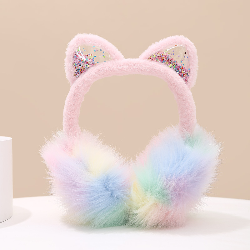 Gyerekeknek való plüss fülvédő macskafarokkal, flitterekkel, összecsukható, meleg téli használatra, kültéren