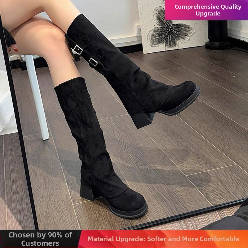 Ženske Martin čizme – visok vrat, velur gornji dio, kožna kopča, zaobljeni vrh, srednji blok potpetice, slip-on