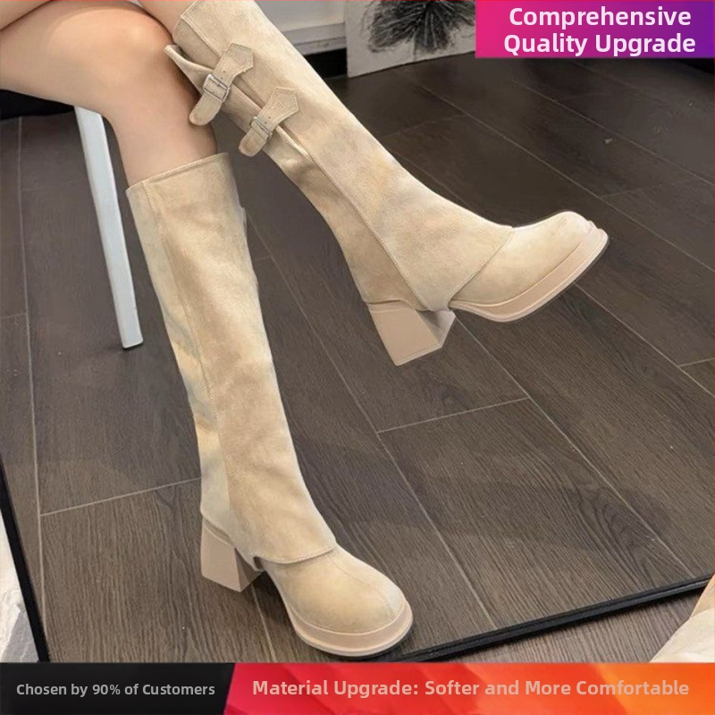 Ženske Martin čizme – visok vrat, velur gornji dio, kožna kopča, zaobljeni vrh, srednji blok potpetice, slip-on