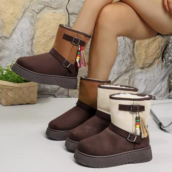 Снегообувки с велурен горен слой, кръгла носка, подплата от изкуствен пух, гумена подметка