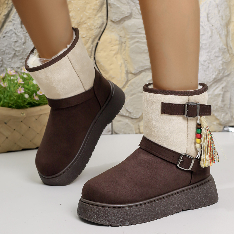 Снегообувки с велурен горен слой, кръгла носка, подплата от изкуствен пух, гумена подметка