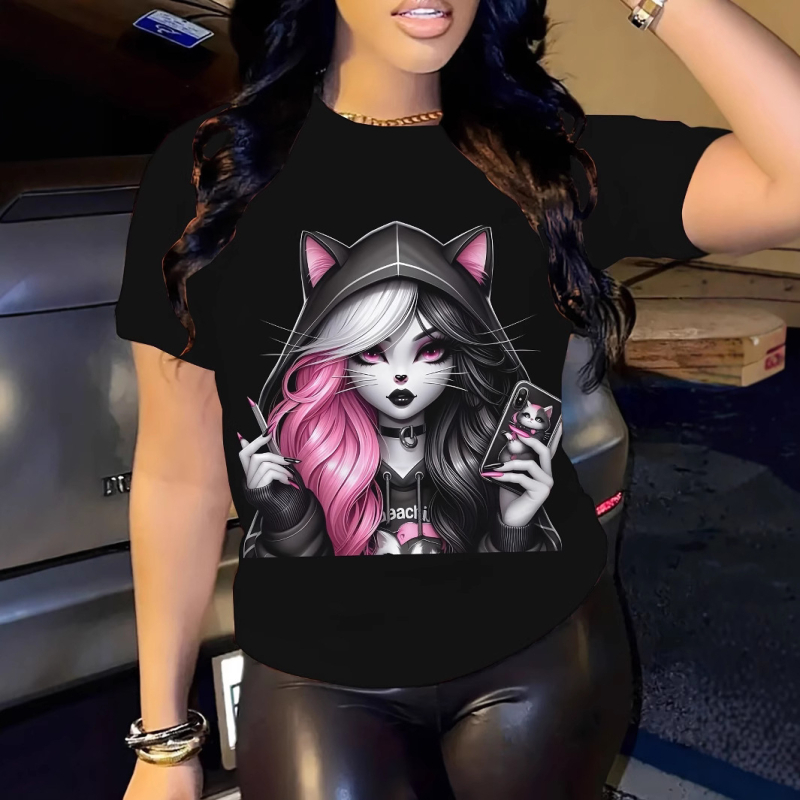 Milk Silk T-krekls, 70–80% poliesters, 3D drukas raksts, brīvs piegriezums, īsās piedurknes, apaļš kakls, pavasaris 2025