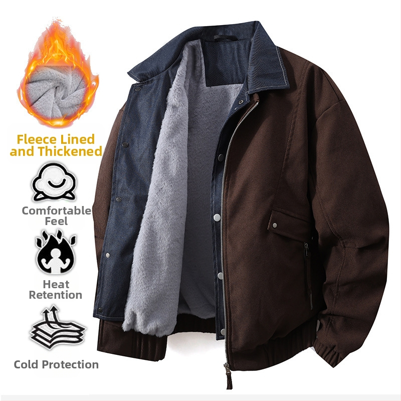 Pánska bunda v štýle japonského workwearu, golier s reverom, zips, bodkovaný vzor, Jacquard tkanina