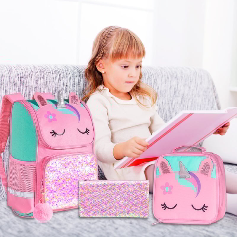 Pradinėms mokykloms skirtas kietuoju korpusu vienaragio kuprinė – blizgučiai, kvėpuojanti, ultralengva, mažinanti naštą, anime raštas, poliesterio pamušalas