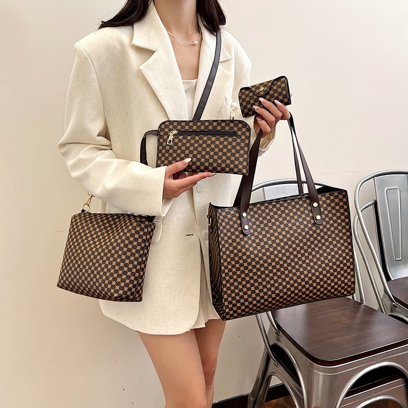 PU moterų rankinių komplektas 4 vnt., spausdinta tote rankinė, horizontalaus kvadrato formos, užtrauktukas, vasara 2024