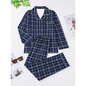 Muški pidžama set s kariranim kardiganom, dugi rukavi i hlače, dva dijela; Half Fleece; pamuk <30%; proljeće 2025