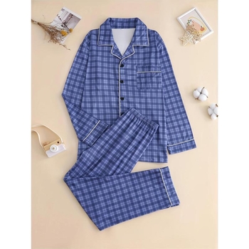 Muški pidžama set s kariranim kardiganom, dugi rukavi i hlače, dva dijela; Half Fleece; pamuk <30%; proljeće 2025