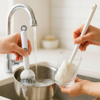 3-dijelni set kuhinjskih četkica za čišćenje s dozatorom, rotirajućom četkom i 2 dugačka držača za čaše pod kutem od 90°; plastika, 150 g