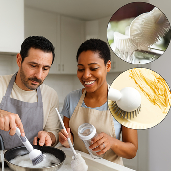 3-dijelni set kuhinjskih četkica za čišćenje s dozatorom, rotirajućom četkom i 2 dugačka držača za čaše pod kutem od 90°; plastika, 150 g