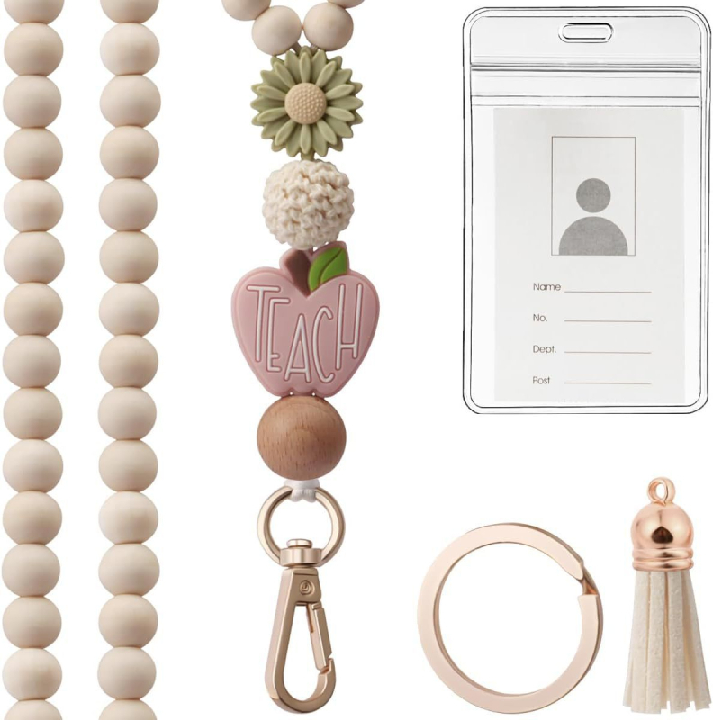 Koka kaklasaite kartēm ar koka pērlēm un virvi, atslēgu piekariņš ID kartei (Materiāls: Koks; Tips: Karte; Zīmols: Cits; Nav licencētas privātas zīmes)