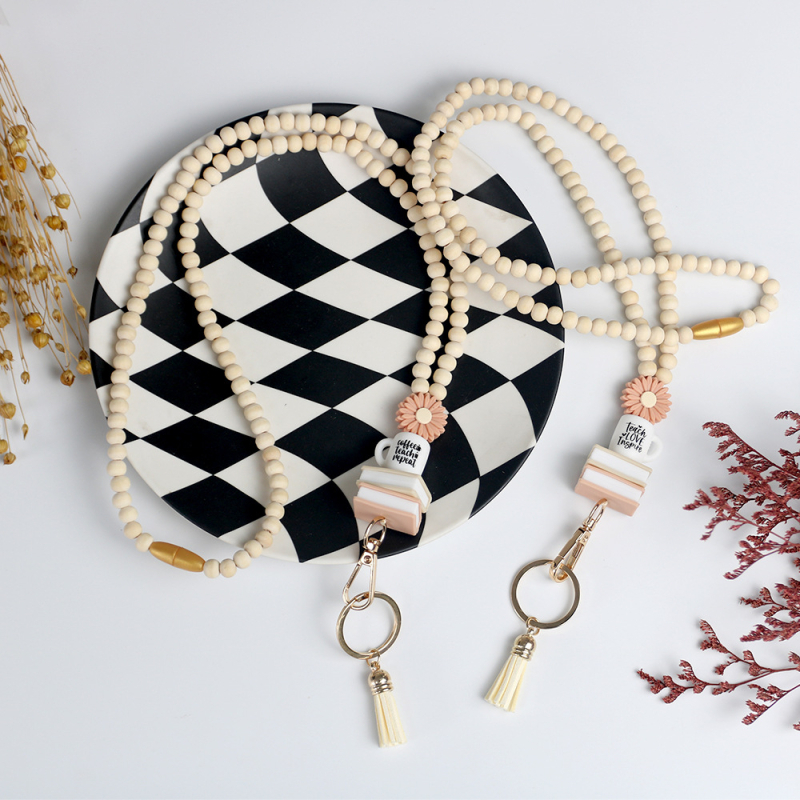 Koka kaklasaite kartēm ar koka pērlēm un virvi, atslēgu piekariņš ID kartei (Materiāls: Koks; Tips: Karte; Zīmols: Cits; Nav licencētas privātas zīmes)