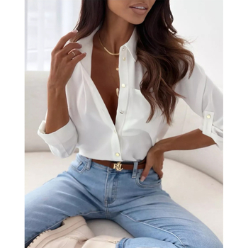 Košulа s dugim rukavima, široka silueta, poliester, ovratnik košule, jednostruka kopčanje na gumbe