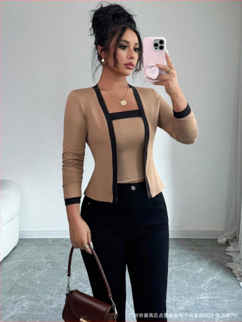 Set de două piese pentru femei: cămașă cu patchwork și pantaloni, țesătură len-bumbac, 3/4 mâneci, pantaloni 3/4, vară 2024