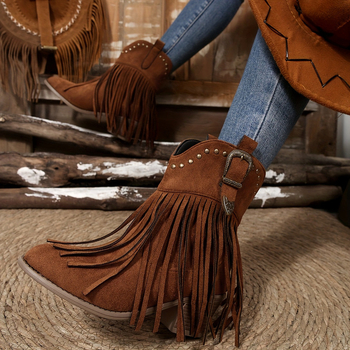 Sieviešu ceļgalu augstie western zābaki ar nagliem un frīzēm, satīna augšdaļa, kvadrātveida purns, pāri ceļgalam, augsts papēdis virs 8 cm