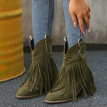 Sieviešu ceļgalu augstie western zābaki ar nagliem un frīzēm, satīna augšdaļa, kvadrātveida purns, pāri ceļgalam, augsts papēdis virs 8 cm