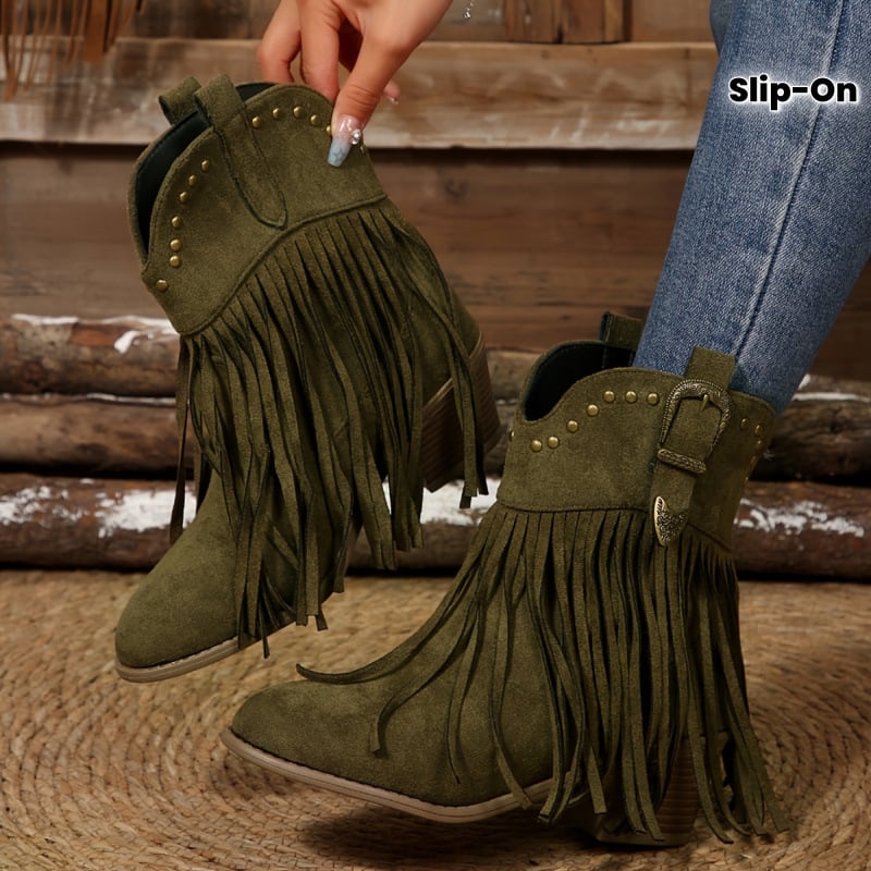 Sieviešu ceļgalu augstie western zābaki ar nagliem un frīzēm, satīna augšdaļa, kvadrātveida purns, pāri ceļgalam, augsts papēdis virs 8 cm