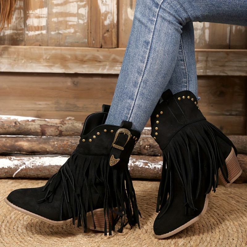 Sieviešu ceļgalu augstie western zābaki ar nagliem un frīzēm, satīna augšdaļa, kvadrātveida purns, pāri ceļgalam, augsts papēdis virs 8 cm