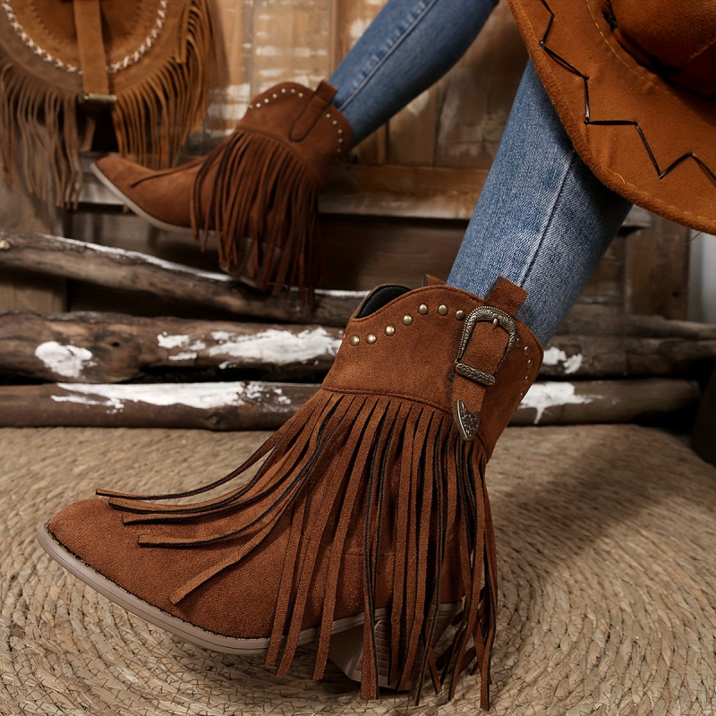 Sieviešu ceļgalu augstie western zābaki ar nagliem un frīzēm, satīna augšdaļa, kvadrātveida purns, pāri ceļgalam, augsts papēdis virs 8 cm