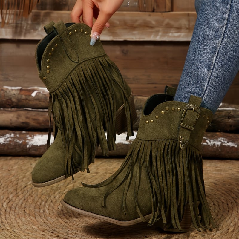 Sieviešu ceļgalu augstie western zābaki ar nagliem un frīzēm, satīna augšdaļa, kvadrātveida purns, pāri ceļgalam, augsts papēdis virs 8 cm