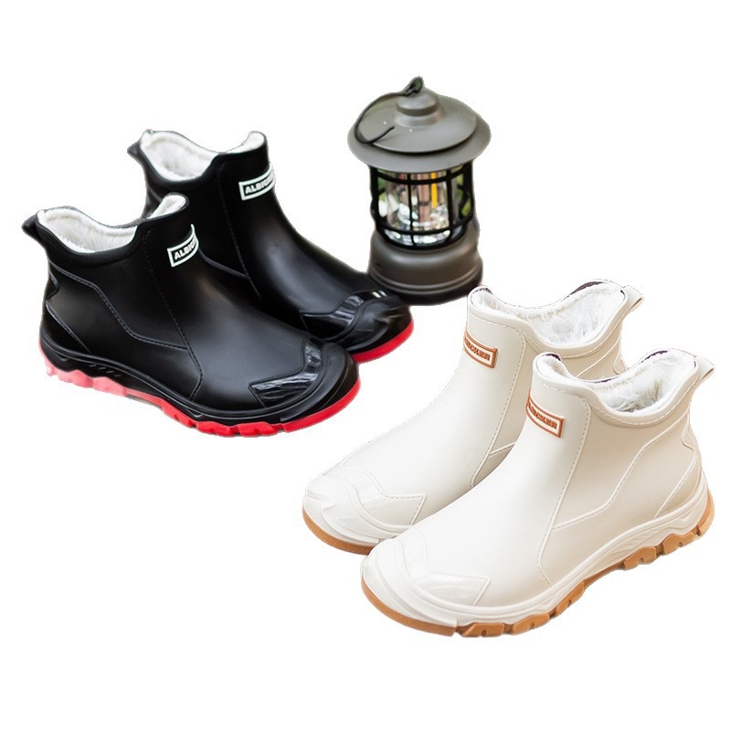 Vīriešu PVC lietus zābaki, zems šafts, ūdensizturīgi un neslīdoši, silti ar mākslīgās kažokādas apdari un iekšējo kokvilnas odere
