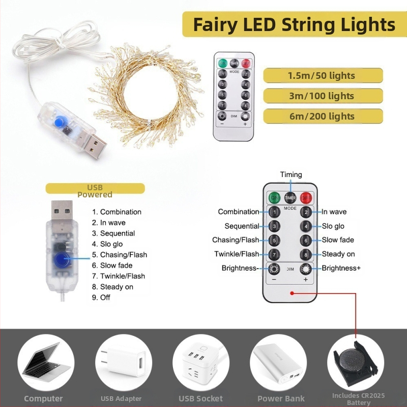 LED меден тел светлинен низ USB захранване, дистанционно управление, 5V, светлинки във формата на фойерверк
