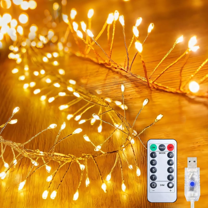 LED меден тел светлинен низ USB захранване, дистанционно управление, 5V, светлинки във формата на фойерверк