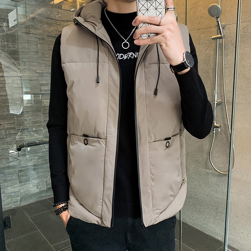 Muška vest s kapuljačom, zimski stil, korejskog stila, opuštenog kroja; Materijal: poliesterova smjesa; Podstava: poliester; Debljina: zgusnuta; Žepi: bočni džepovi