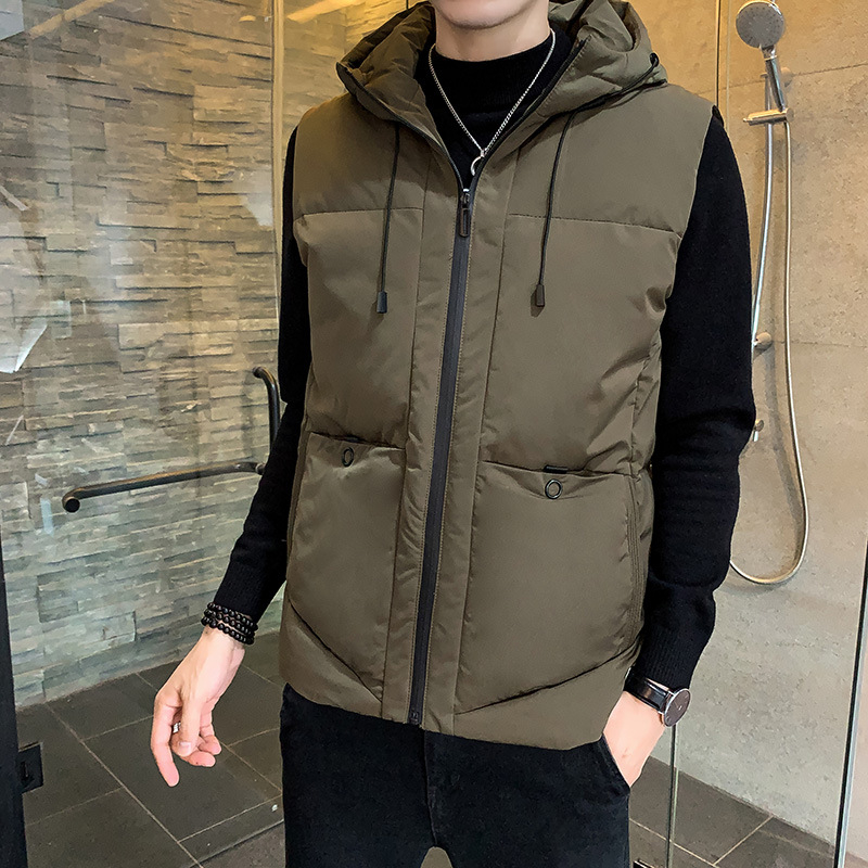 Muška vest s kapuljačom, zimski stil, korejskog stila, opuštenog kroja; Materijal: poliesterova smjesa; Podstava: poliester; Debljina: zgusnuta; Žepi: bočni džepovi