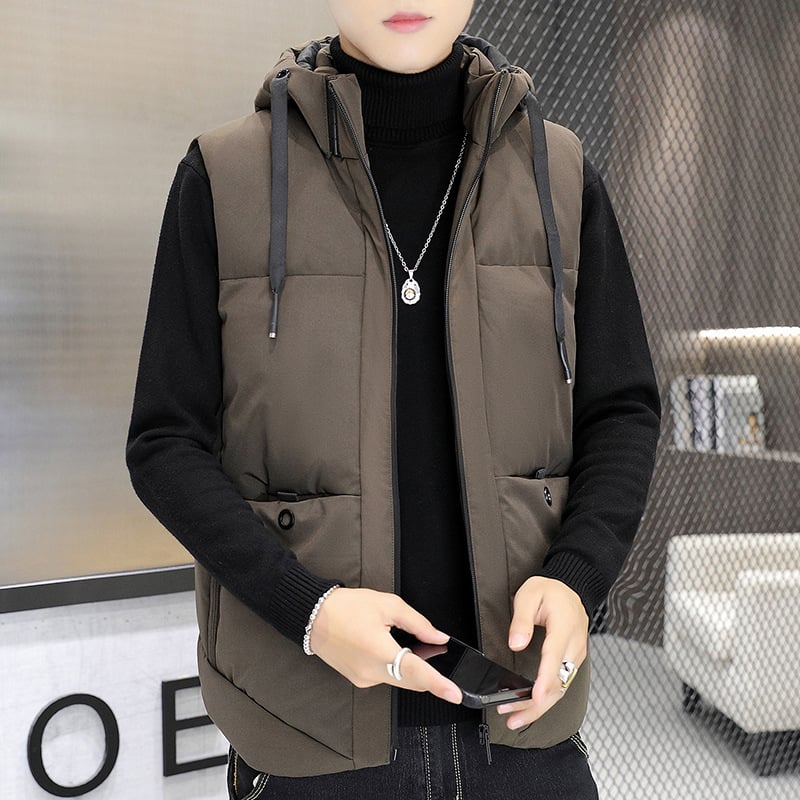 Muška vest s kapuljačom, zimski stil, korejskog stila, opuštenog kroja; Materijal: poliesterova smjesa; Podstava: poliester; Debljina: zgusnuta; Žepi: bočni džepovi