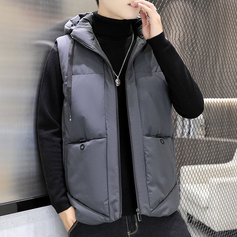 Muška vest s kapuljačom, zimski stil, korejskog stila, opuštenog kroja; Materijal: poliesterova smjesa; Podstava: poliester; Debljina: zgusnuta; Žepi: bočni džepovi