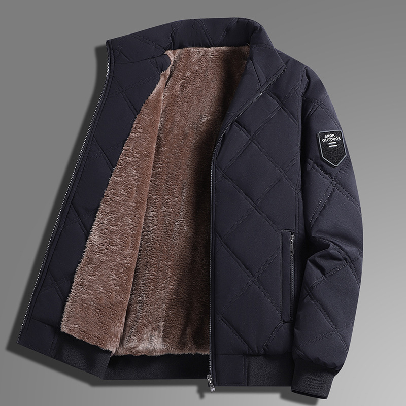 Férfi vastag pamutkabát kapucnival, cipzárral és álló gallérral; poliészter töltet