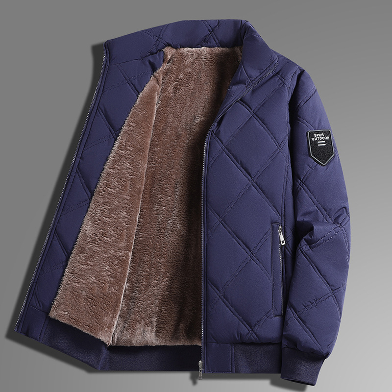 Férfi vastag pamutkabát kapucnival, cipzárral és álló gallérral; poliészter töltet