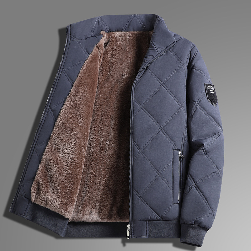 Férfi vastag pamutkabát kapucnival, cipzárral és álló gallérral; poliészter töltet