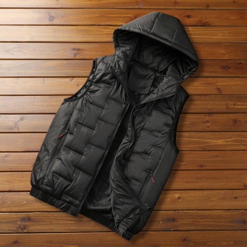 Vīriešu kapucēta poliestera veste ar rāvējslēdzēja aizdari, bieza ziemai, oderējums poliesters