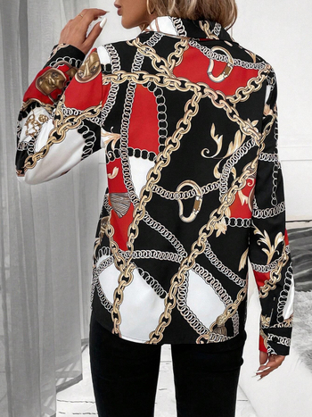 Poliestera krekls ar ķēdes rakstu, garas piedurknes, krekla apkakle, biroja stils