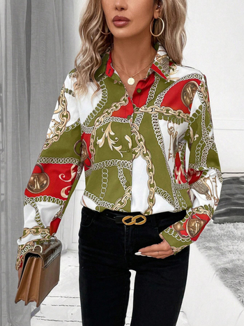 Poliestera krekls ar ķēdes rakstu, garas piedurknes, krekla apkakle, biroja stils