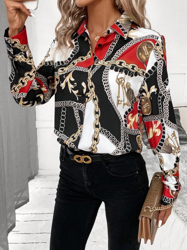 Poliestera krekls ar ķēdes rakstu, garas piedurknes, krekla apkakle, biroja stils