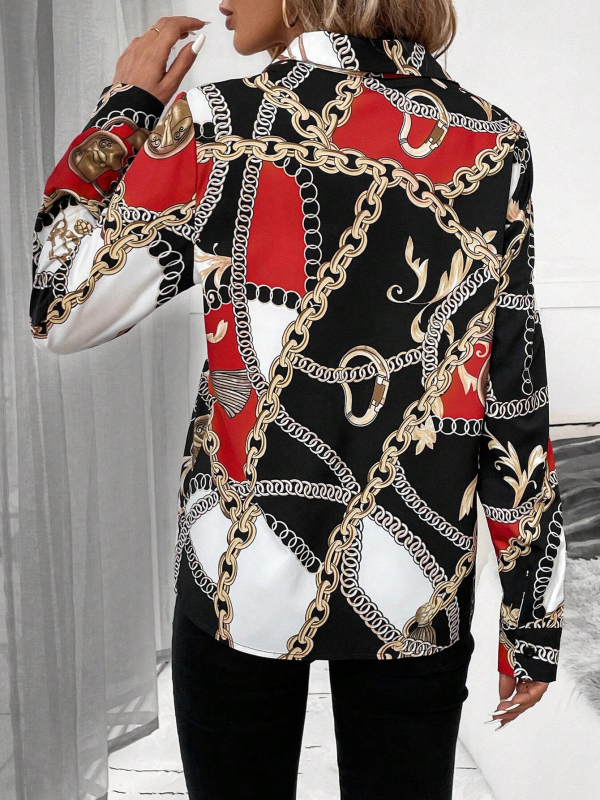 Poliestera krekls ar ķēdes rakstu, garas piedurknes, krekla apkakle, biroja stils