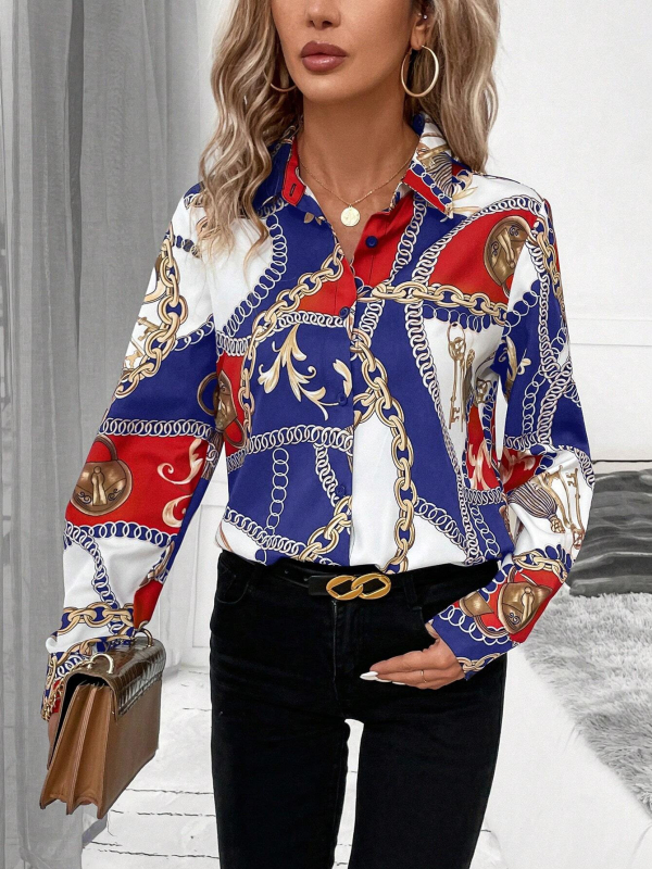 Poliestera krekls ar ķēdes rakstu, garas piedurknes, krekla apkakle, biroja stils